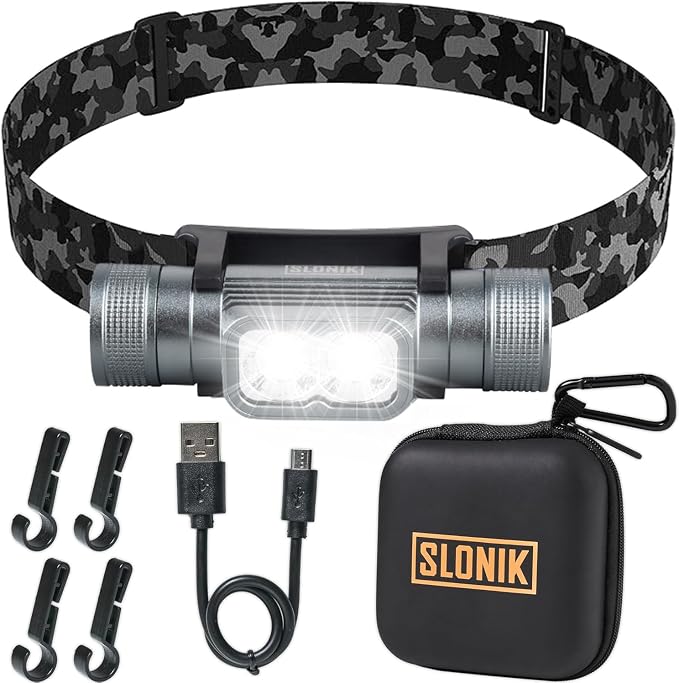 SLONIK Rechargeable Headlamp for Adults - 1000 Lumens Bright 60 ft Beam LED Flashlight - Lightweight, Heavy-Duty, IPX4, Waterproof Hard Hat Light - Camping Gear- Head Lights for Forehead, Camo