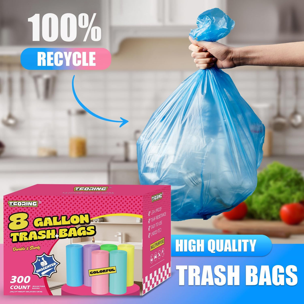 300 Count 8 Gallon Trash Bags - Heavy Duty Medium Garbage Bags 30 Liter Unscented 0.94 Mil Thick & Leakproof Wastebasket Liners for Kitchen Bathroom Home
