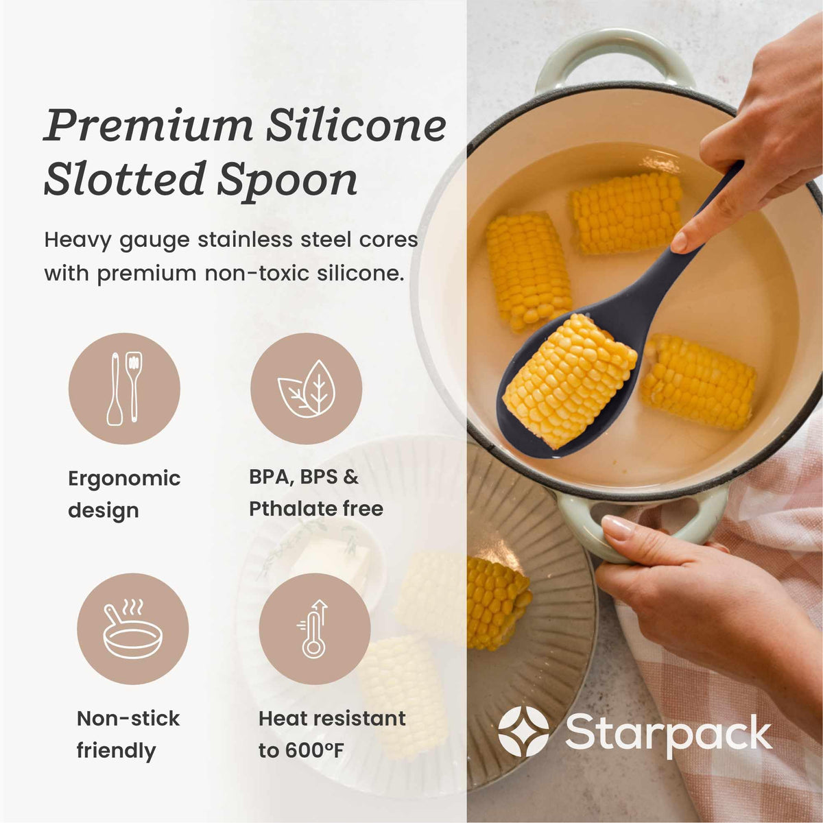 Starpack 'Let it Drain' Silicone Slotted Spoon - Large Slotted Spoon for Cooking Heat Resistant to 600°F - Silicone Slotted Serving Spoons, Non Stick Slotted Cooking Spoon