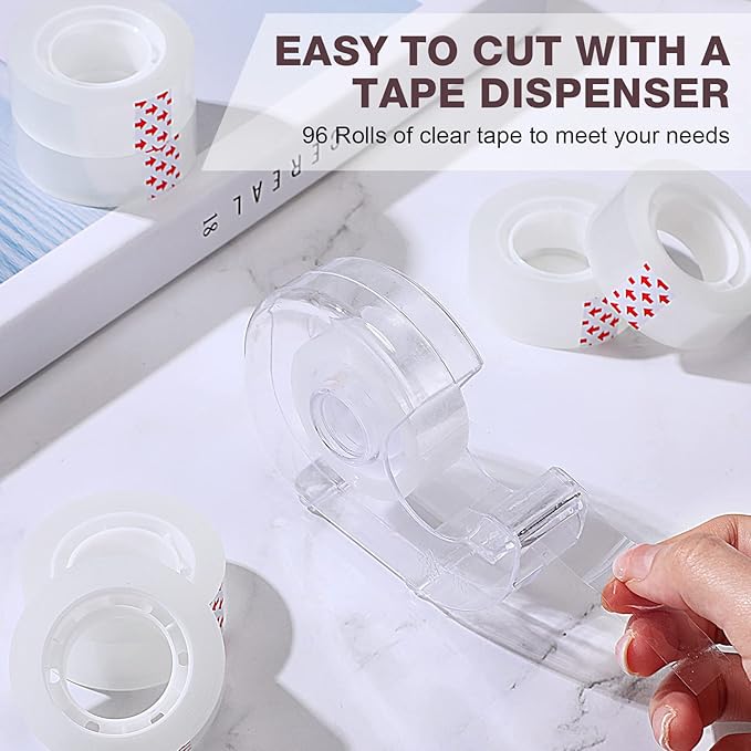 Pasimy 96 Rolls Clear Tape Bulk Strong Sticky Transparent Tape Refills for Dispenser, Office, Home, School, Wall, Carpet, 3/4 x 1000 Inches(Red)