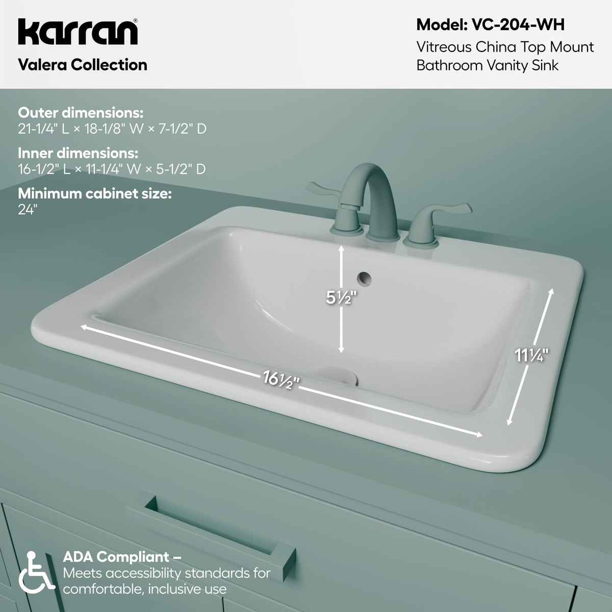 Karran Valera 21" Rectangle Top Mount Bathroom Sink in White – Vitreous China Vanity Bowl – Rear-Center Drain, Overflow, Gloss Finish – Inside Bowl 16.5" x 11.25" x 5.5" – VC-204-WH