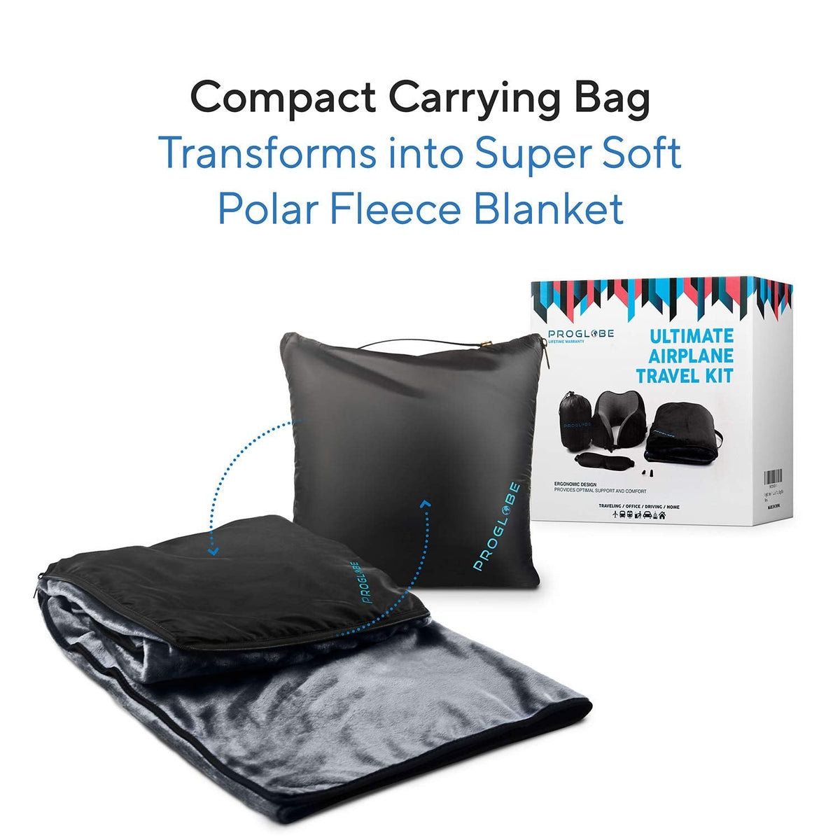 Proglobe Travel Blanket Luxury Travel Set - Ergonomic Airplane Neck Pillow 100% Pure Memory Foam and Super Soft Fleece Blanket - Premium 3D Sleep Mask & Earplugs - Ultimate 4-in-1 Traveling Kit Black
