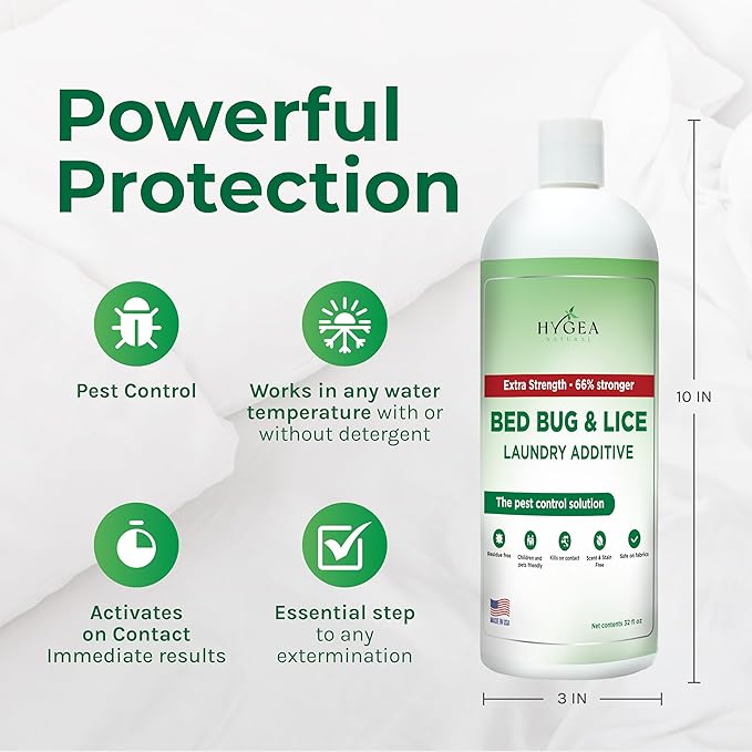 Hygea Natural Lice & Bed Bug Extra Strength Laundry Additive - Environmentally Responsible, Odorless & Stain-Free Liquid Laundry Treatment - Safe for Children & Pets - Any Water Temperature (32 oz)
