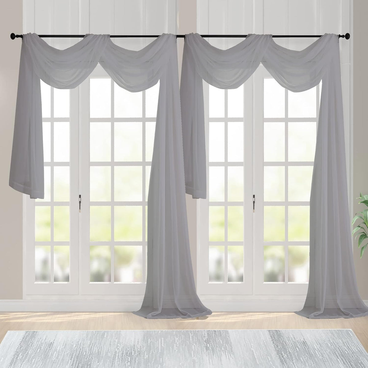 Chyhomenyc Charcoal Grey Sheer Scarf Valances for Windows 216 Inch Extra Long, Window Scarf Drapes Rod Pocket Backdrop for Wedding Arch Draping/Party/Canopy Bed/Living Room, 2PC, 18 Feet Length