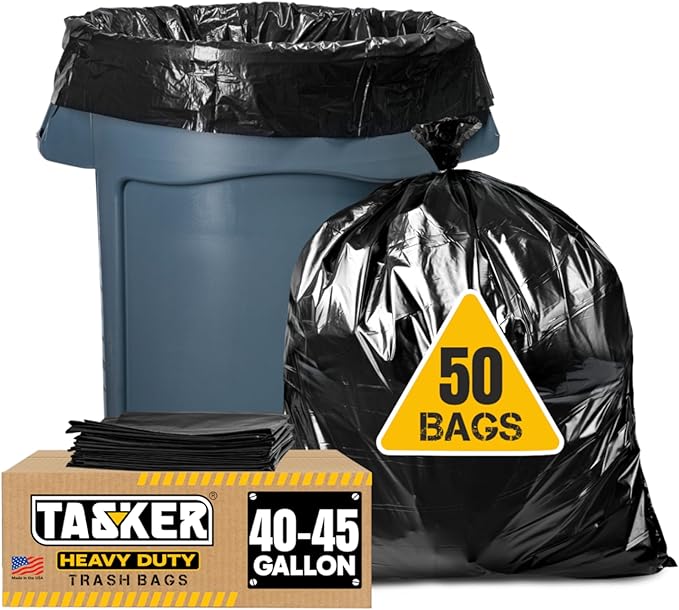 Tasker 40-45 Gallon Trash Bags, (50 Bags w/Ties) Large Black Heavy Duty Garbage Bags - fits 39 Gallon - 40 Gallon - 42 Gallon - 44 Gallon