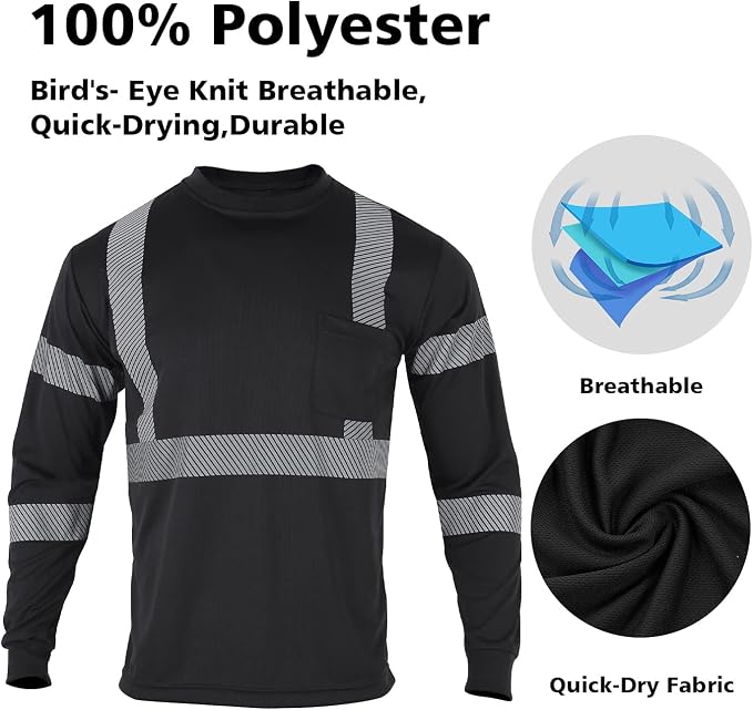 VENDACE 3 Pcs Safety T Shirts Reflective High Visibility Hi Vis Long Sleeve Construction Work Shirts for Men (Black,M)