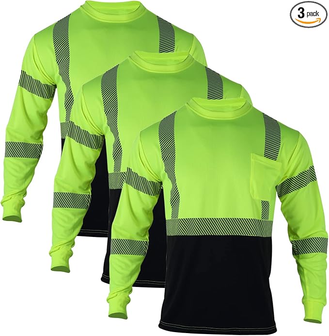 VENDACE 3 Pcs Safety T Shirts Reflective High Visibility Hi Vis Long Sleeve Construction Work Shirts for Men (Yellow,3XL)