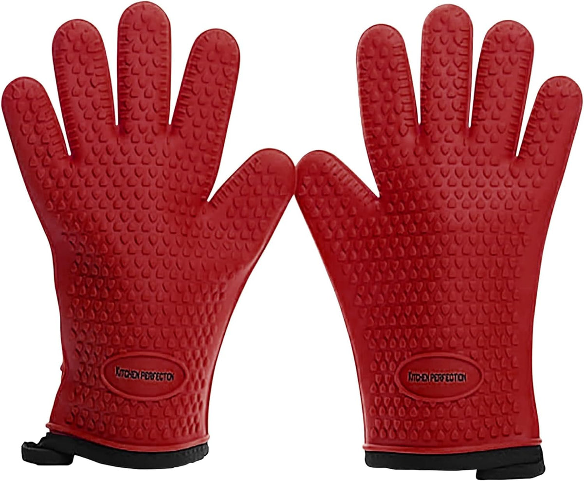 KITCHEN PERFECTION XL Silicone Smoker Oven Gloves-Extreme Heat Resistant BBQ Gloves-Handle Hot Food Right on Your Grill Fryer&Pit|Waterproof Grilling Cooking Baking Mitts|Superior Value Set+3 Bonuses