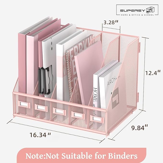 SUPEASY Desk Organizers Metal Desk Magazine File Holder with 5 Vertical Compartments Rack File Organizer for Office Desktop, Home Workspace, Pink