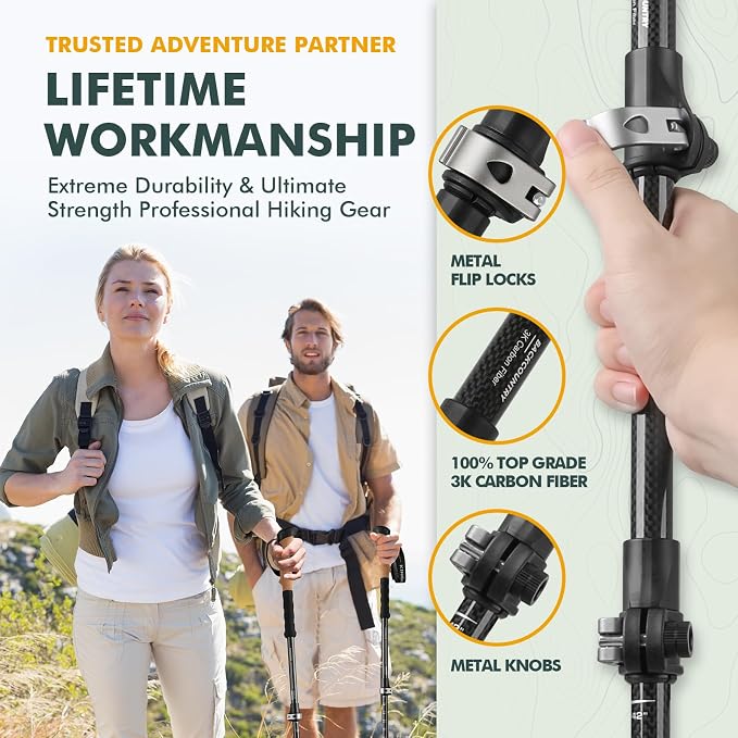 KINGGEAR TPC-3K 100% Carbon Fiber Trekking Poles for Hiking - Ultralight Collapsible Hiking Poles with Cork & EVA Foam Grips, Adjustable Metal Flip Locks, Tungsten Tips - Ideal Hiking