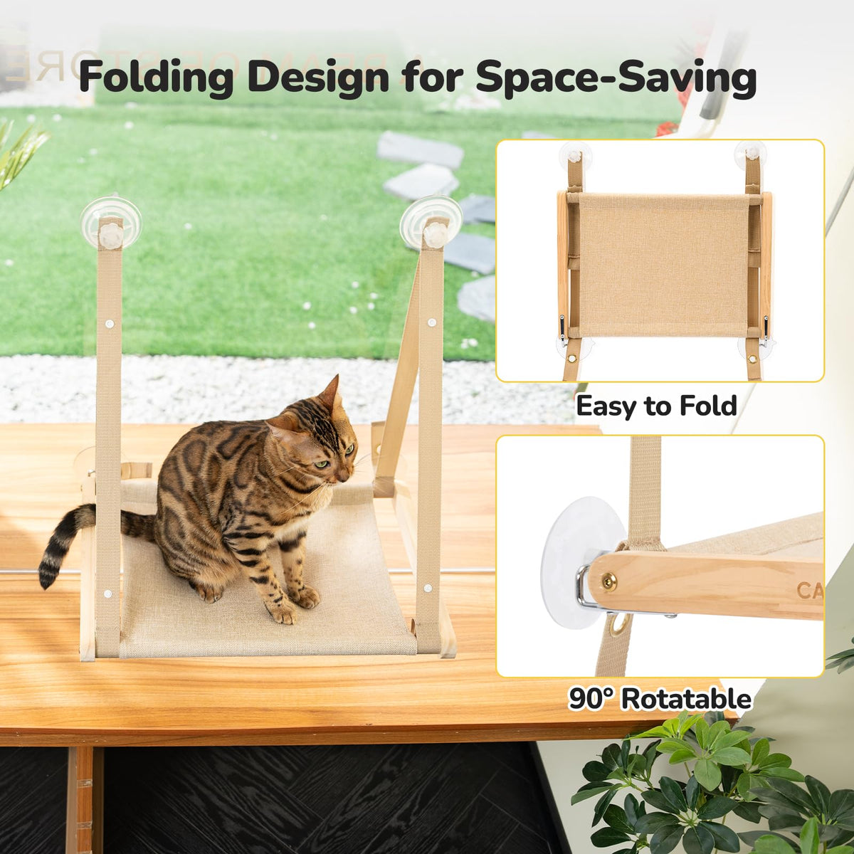 Cat Window Perch - Foldable Cat Hammock for Window, Soft Seat Machine Washable, Solid Wood Frame, 4 Suction Cups, Cats Window Hammock Load Weight Up to 40lbs