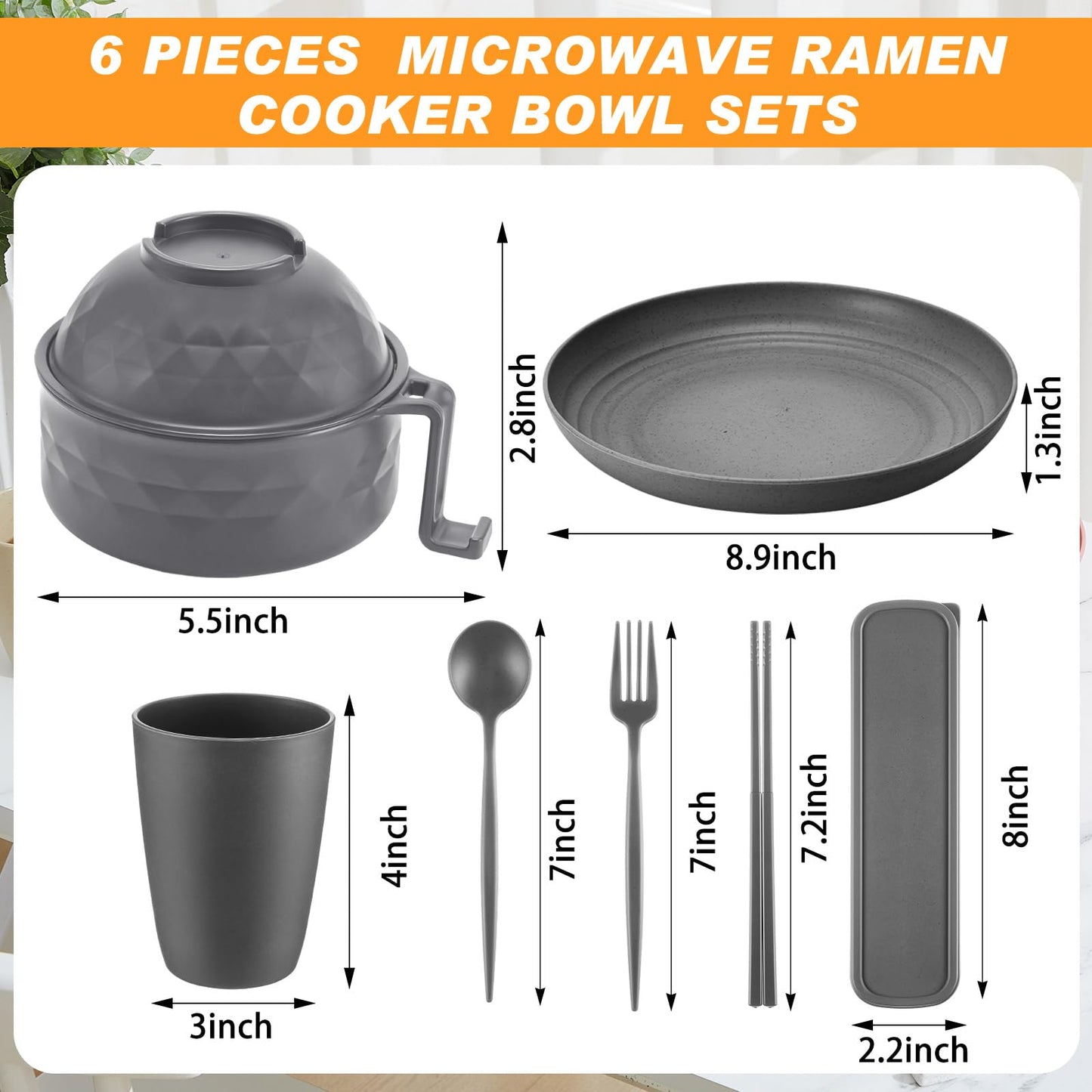 Romooa 6 Pcs Microwave Ramen Cooker Set Microwavable Wheat Straw Dinnerware Sets with 40oz Ramen Bowl, Plates, Cups and Cutlery Box, Dishwasher Safe Camping College Dorm (Grey)