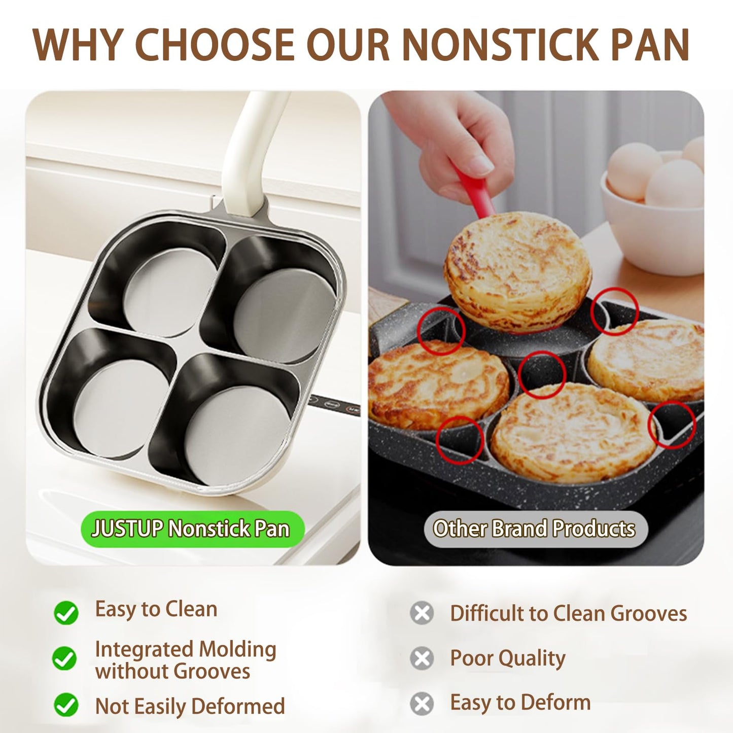 JUSTUP 4-Cup Egg Pan Nonstick，Healthy Titanium Ceramic Breakfast Frying Pan，Compatible with All Stoves and Equipped with Heat-Resistant and Height Increasing Handles, Easy to Clean, PFOA Free (Black)