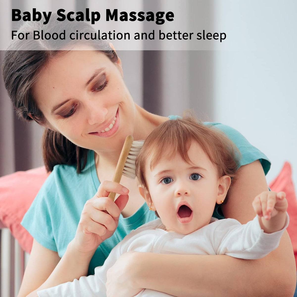 Goat Baby Hair Brush Set, 2pcs Wooden Soft Bristles Brush with Comb and Green Silicone Bath Brush for Newborns Toddlers Safe Natural Hair Care Kit