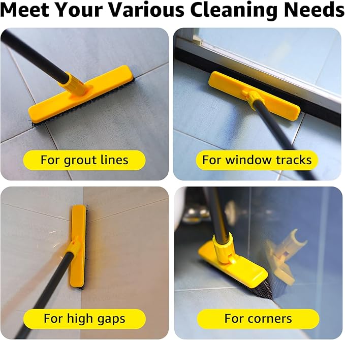 Grout Brush with Long Adjustable Handle - Telescopic, Rotation Tile Grout Cleaning Tool, V-Shape Shower Scrubber Cleaner Stiff Bristle for Cleaning Bathrooms Tile Floors, Baseboards and Corners - 59in