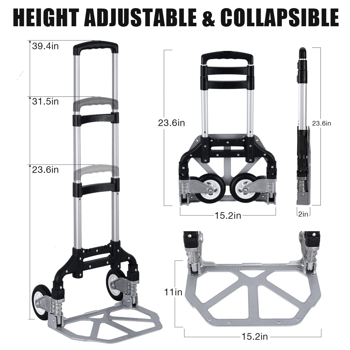 Folding Hand Truck Portable Foldable Dolly Cart Aluminum Luggage Cart Trolley Cart Black MAX Load 180 lbs, with Black Bungee Cord, Telescoping Handle,Solid Aluminium Wheel suspensions, Double Bearings