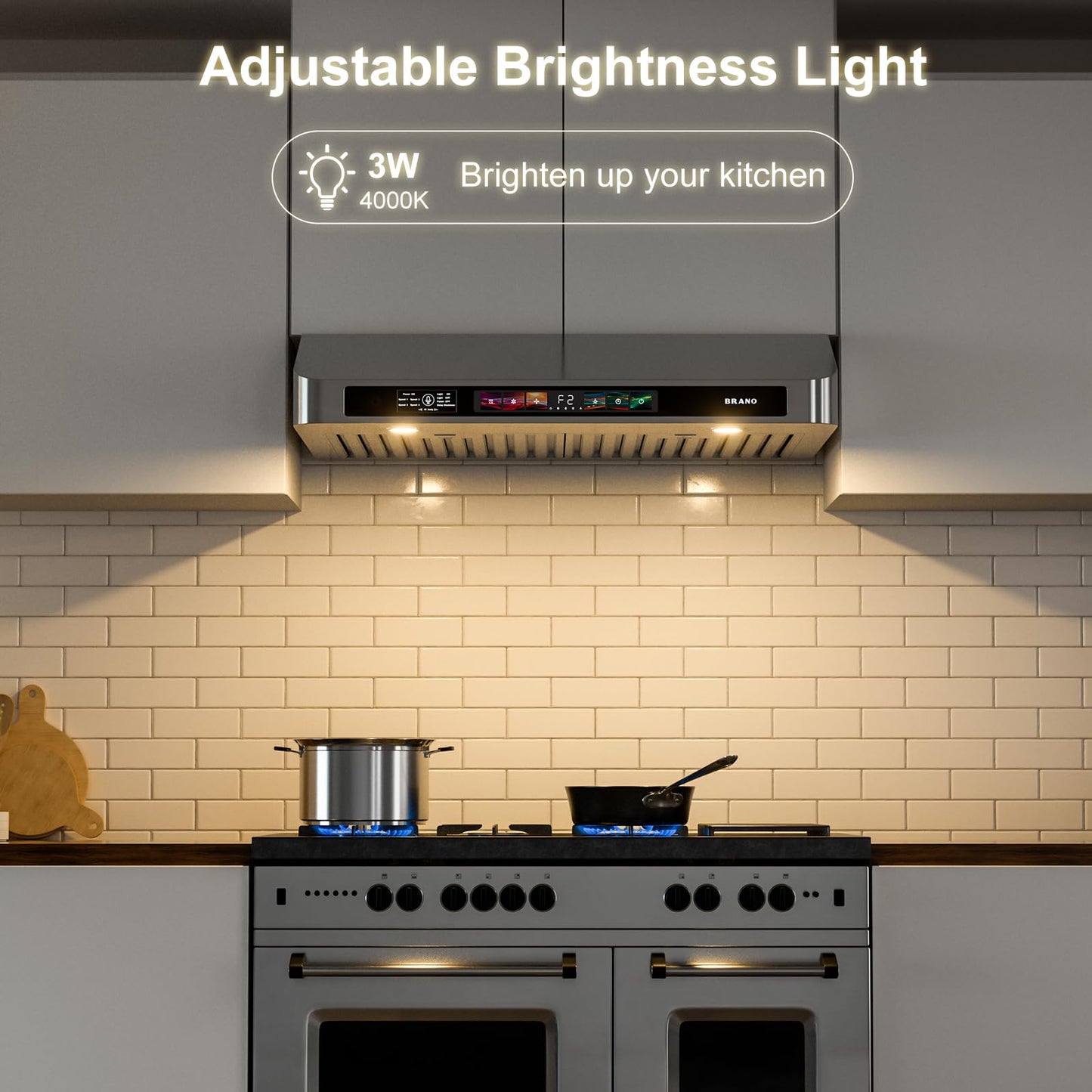 BRANO 30 Inch Under Cabinet Range Hood with Voice/Gesture/Touch Control, 900 CFM Kitchen Vent Hood with 4-Speed Exhaust Fan, Stainless Steel Stove Hood with LED Lights, Baffle Filters