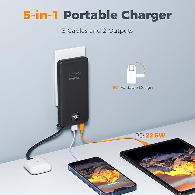 TESSAN Portable Charger with Built in Cables, 10000mAh Power Bank Fast Charging with Foldable AC Plug, 20W Compact Battery Pack Travel Essentials for iPhone 16/15 Series, Samsung, Tablets, Black