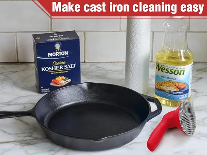 Cast Iron Cleaner Scrubber with Handle -3mm Welded Chain Mail Cast Iron Scrubber Brush-Chainmail Sponge Scrub Cleaning Tool to Clean Skillets, Pan,Griddle, Wok, Dutch Oven