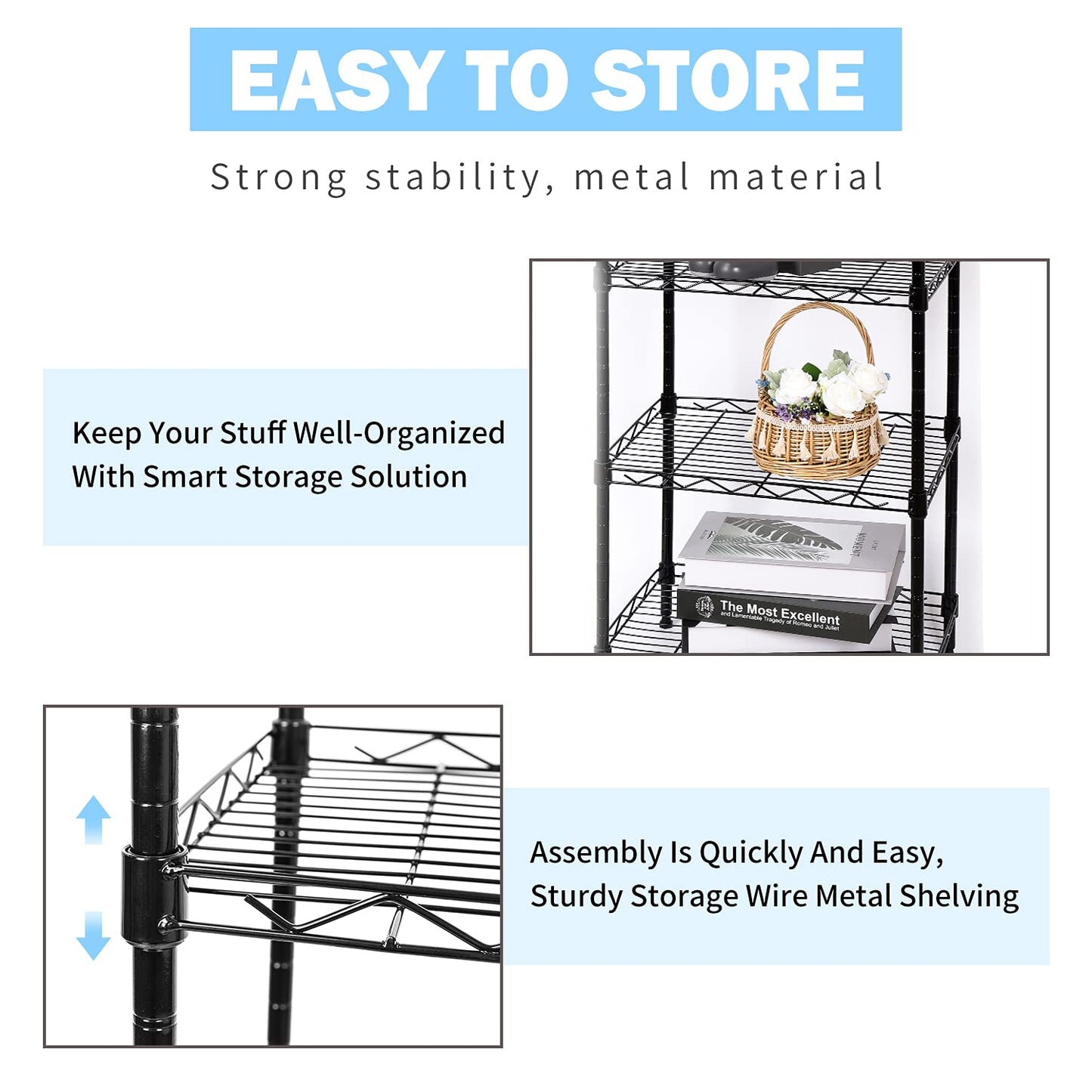 SUNLPH 5-Tier Wire Shelving Adjustable Shelves Unit Metal Storage Rack for Laundry Bathroom Kitchen Pantry Closet Organization (Black, 16.6" L x 11.4" W x 49.1" H)