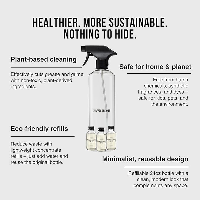 Public Goods Multi Surface Cleaner Refill & Glass Spray Bottle | All Purpose Cleaner Refill for Floors, Tile, Countertops | Multi Purpose | Scented w/Jasmine Essential Oils | 3 Pack - 24 Oz Diluted