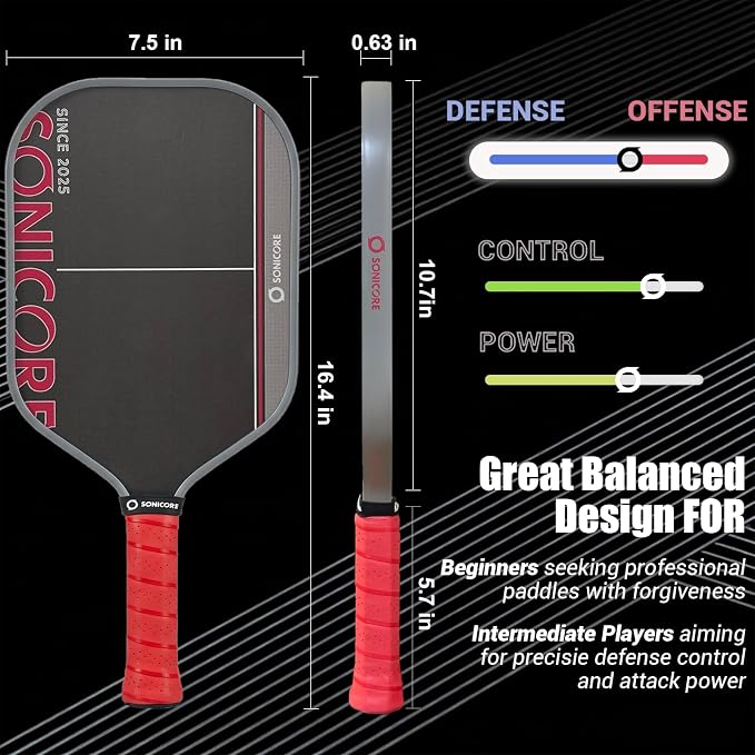 SONICORE Pickleball Paddle Set Bundle, T700 Carbon Fiber 16mm Core, 1 Paddle, Cover, Wristbands, Grip Tape, Eraser, 4 Premium Balls | Turbo Red