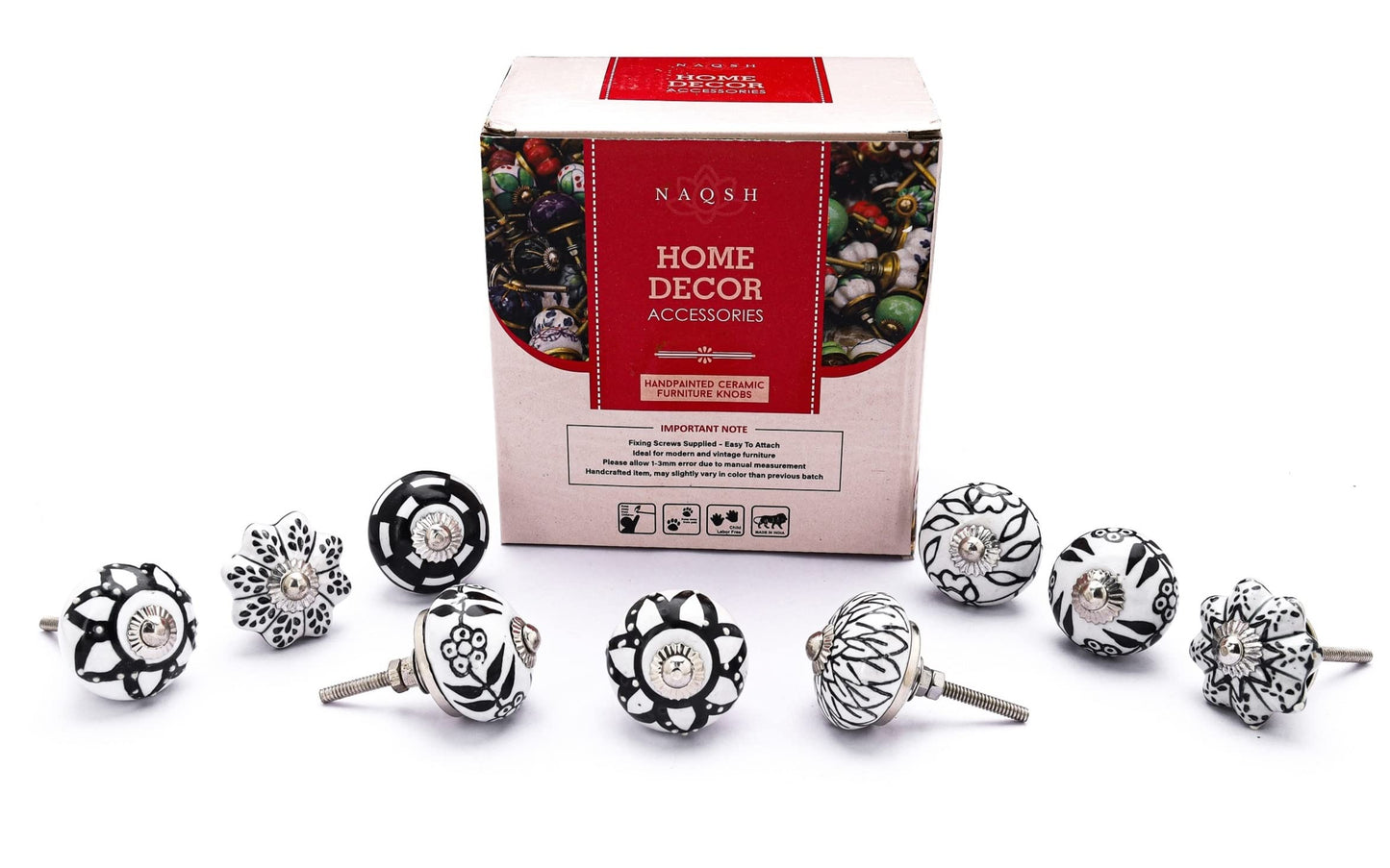 NAQSH Ceramic Cabinet Knobs Kitchen Drawer Knob Handpainted Cupboard Door & Drawers Pulls (Black & White, 12)