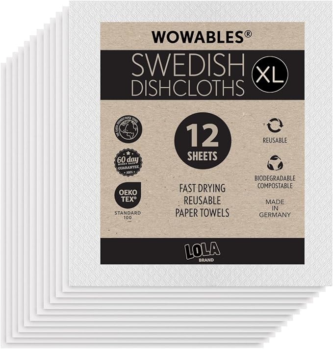LOLA Wowables XL Swedish Dishcloths, 12 Reusable Eco Cleaning Cloths, 11" x 10", Ultra Absorbent Cellulose Sponge Towel, Compostable, Made in Germany