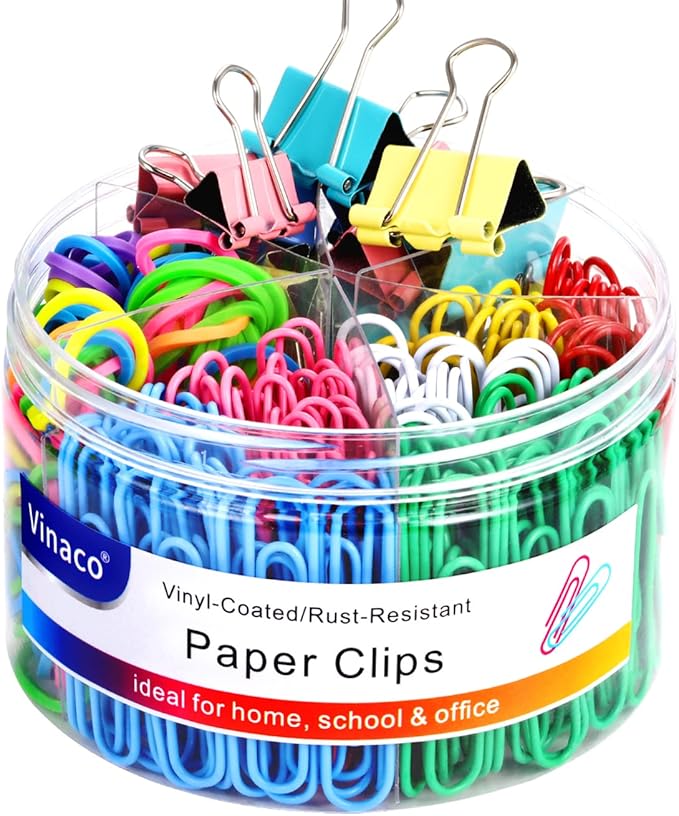 Vinaco 300PCS Paper Clips and Binder Clips Assorted Sizes, Colored Paper Clips (2" Large/1.3" Medium), Binder Clips (1" Medium /0.75" Small/0.6" Mini) and Rubber Bands for Home Office School