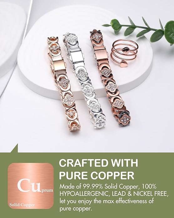 Feraco Pure Copper Bracelets & Rings for Women, Ultra Strength Magnetic Bracelet for Women with Neodymium Magnets & Sparkling Cubic Zirconia, Adjustable, Infinite Clover Jewelry