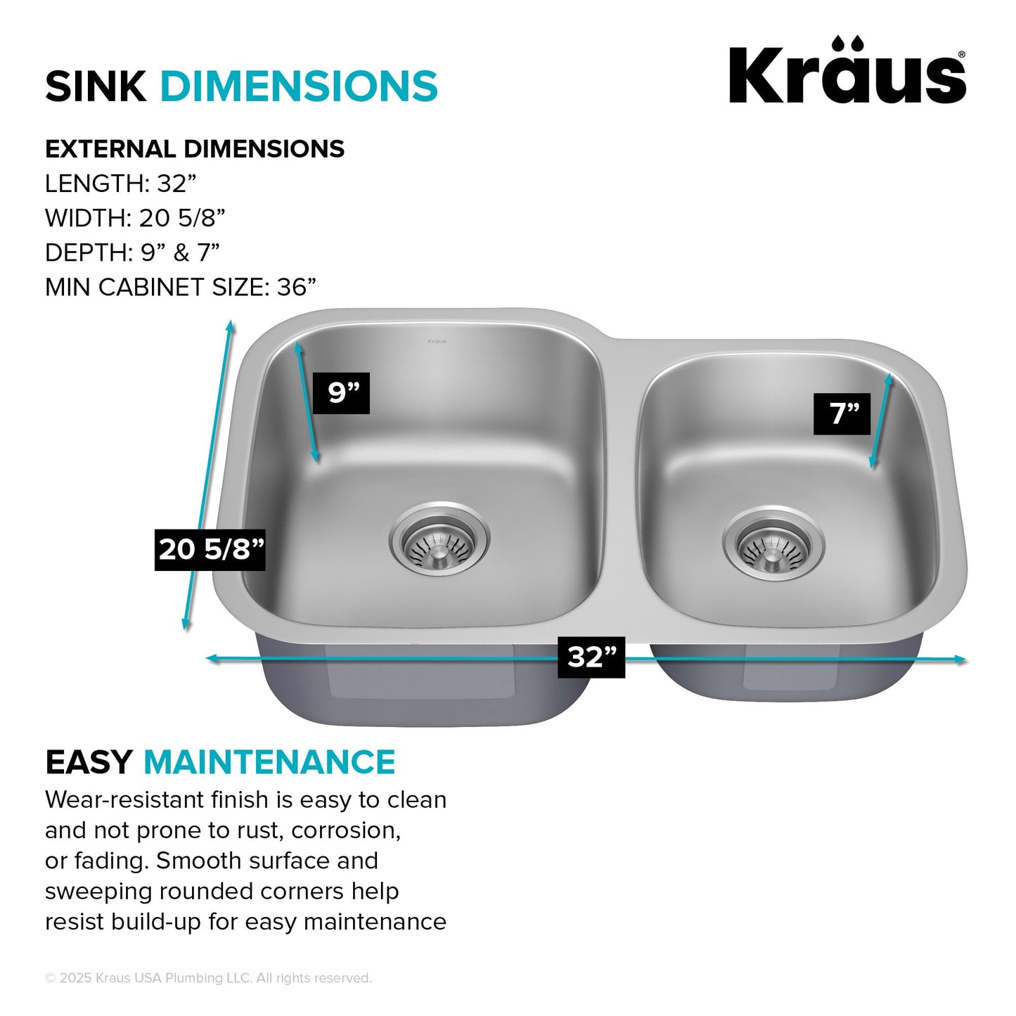 KRAUS Premier 32-inch Undermount 60/40 Double Bowl with Low Divider 18-Gauge Stainless Steel Kitchen Sink with Strainers (x2), KBU24