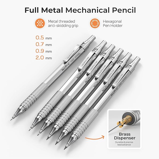 Nicpro 35PCS Silver Metal Mechanical Pencils Set in Case, Art Drafting Pencil 0.5, 0.7, 0.9 mm & 3PCS 2mm Graphite Lead Holder for Drawing Sketching With 20 Tube Lead Refills(6B 4B 2B HB 2H 4H Colors)