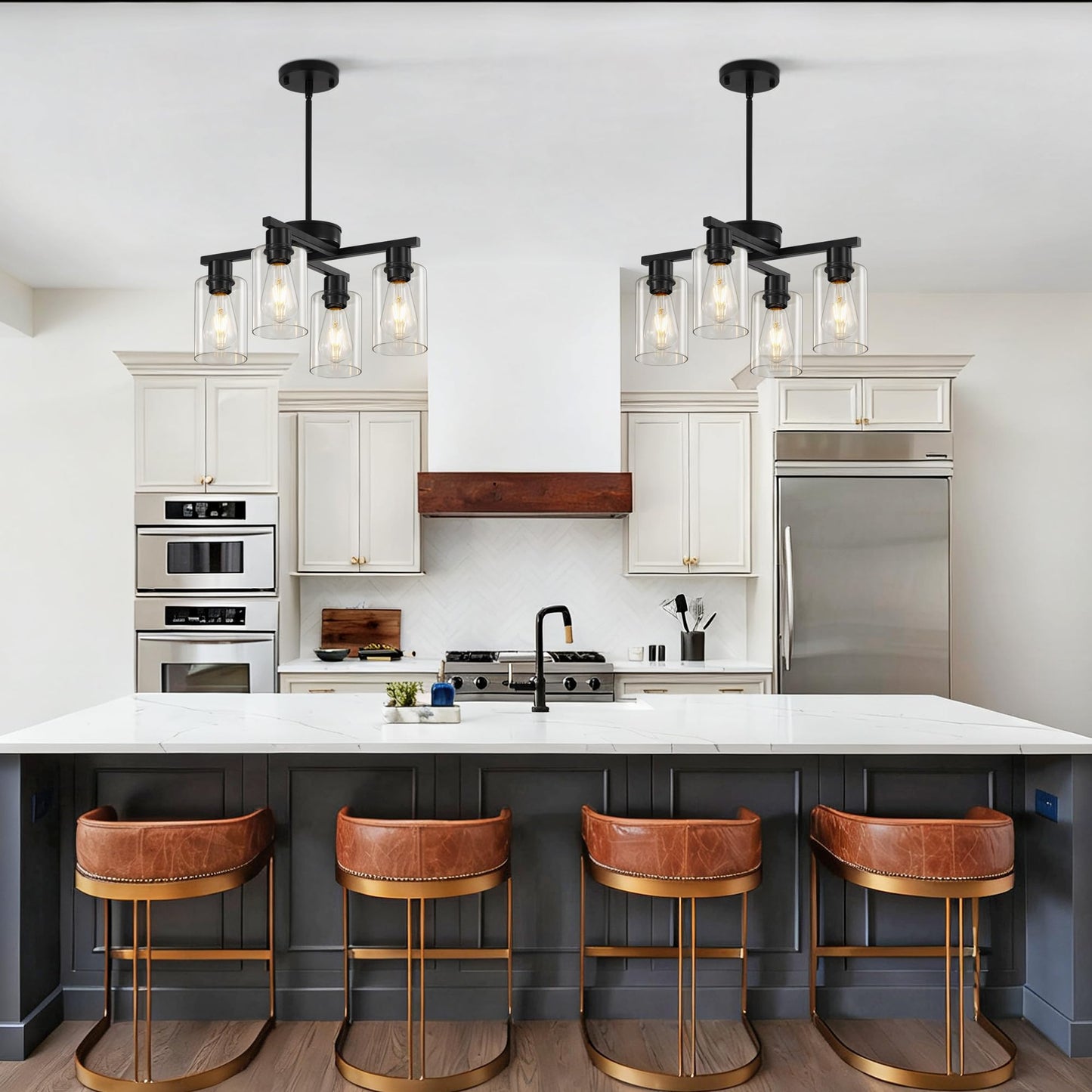 Xeruyiwa 4-Light Black Modern Farmhouse Chandelier, Adjustable Height Pendant Lighting for Kitchen Island & Dining Room, Industrial Hanging Fixture with Clear Glass Shade for Entryway Foyer Bedroom