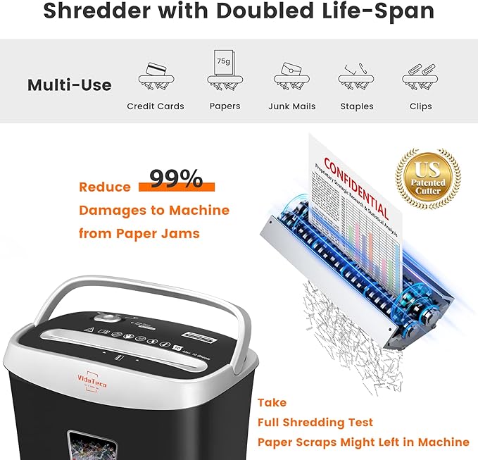 Paper Shredder for Home Office Heavy Duty with 60 Mins Running with US Patented Cutter,Shred CD/Card with Extra Large Bin,AUTO Jam Proof(ETL) (10-Sheet Micro-Cut)