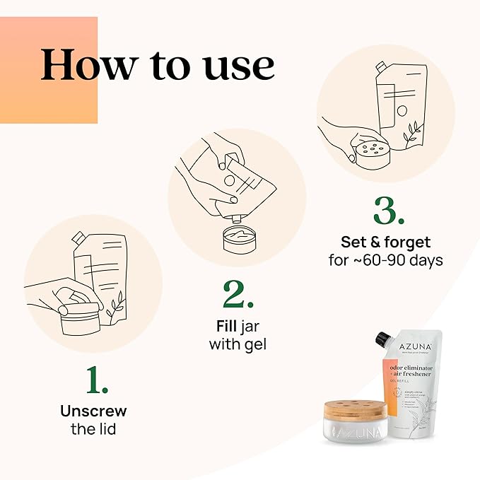 Azuna Air Freshener & Odor Eliminator for Strong Odor | 1 Room Kit Includes (1) Empty Luxe Glass Jar & 8oz Refill with Tea Tree Essential Oil Gel | Simply Citrus | Last 60-90 Days