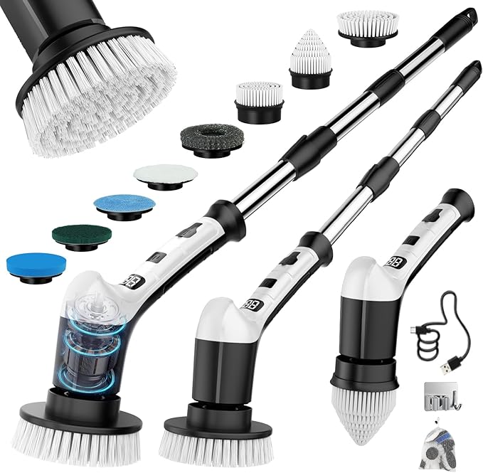 Electric Spin Scrubber with 3 Speed, Adjustable Extension Handle, 8 Brush Heads,Cordless Power Cleaning Brush for Bathroom, Tile, Kitchen-Black