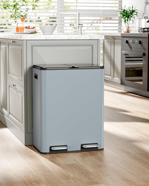 16 Gal (2 x 30 L) Dual Trash Can, Stainless Steel Kitchen Garbage Bin, Recycle Dustbin with Odor Control Box, Soft-Close Lid, Inner Buckets, Side Handle, Step Pedal, for Home Office