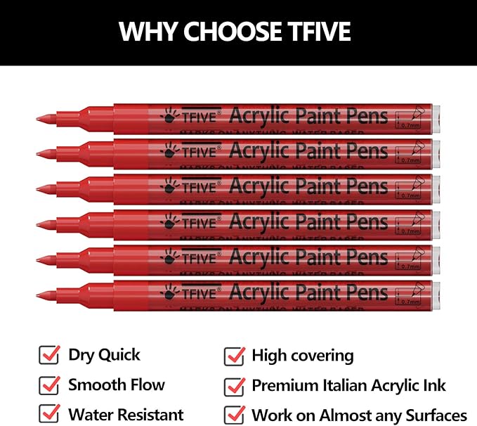 Red Marker Paint Pens - 6 Pack Acrylic Red Permanent Marker, 0.7mm Extra Fine Tip Paint Pen for Art projects, Drawing, Rock Painting, Stone, Ceramic, Glass, Wood, Plastic, Metal, Canvas DIY Crafts