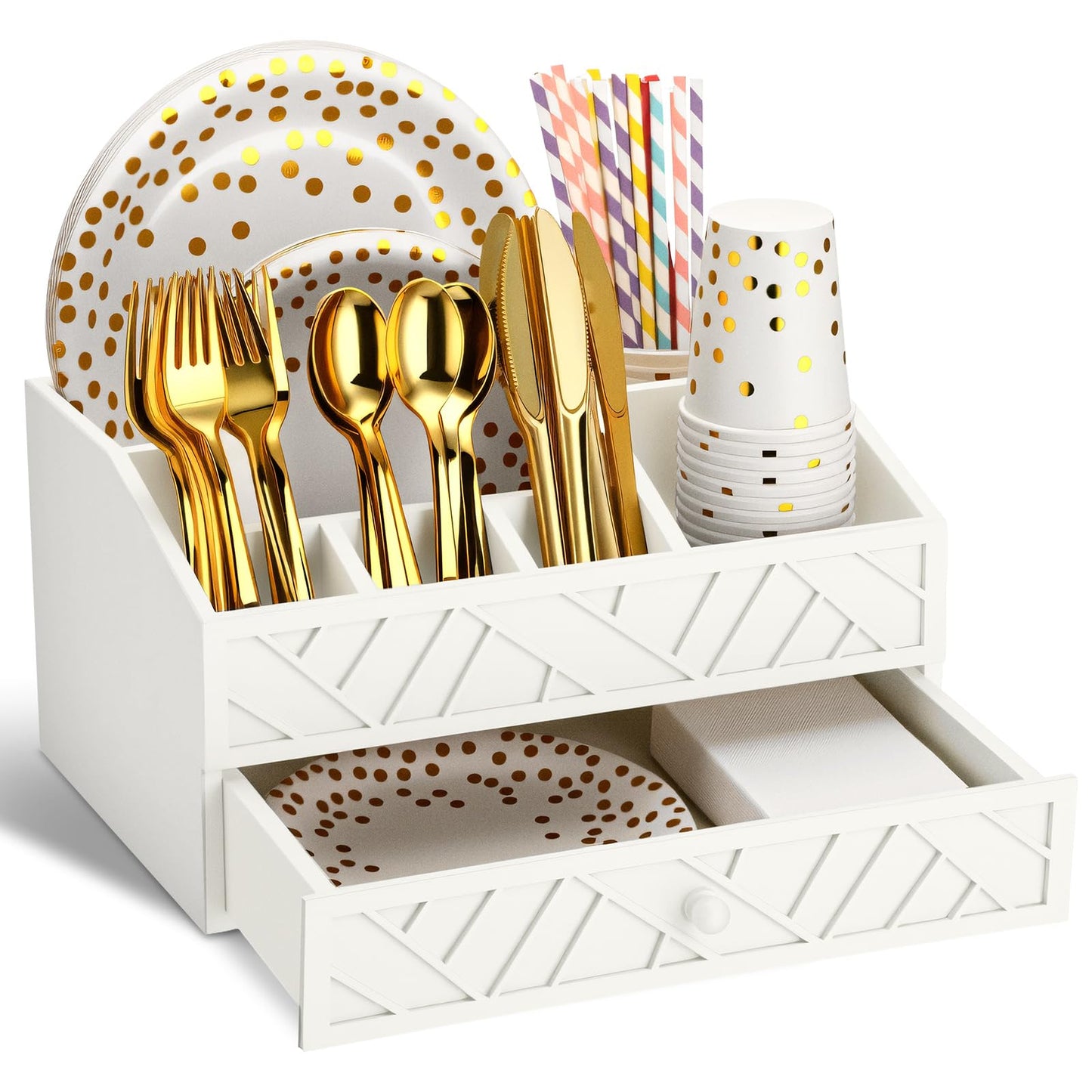 Marsui Paper Plate Dispenser, Wood Rustic Paper Plate Holder for Countertop with Drawer Silverware Utensil Caddy, Cutlery Flatware Organizer for Spoon Fork Napkins Kitchen Parties(White)