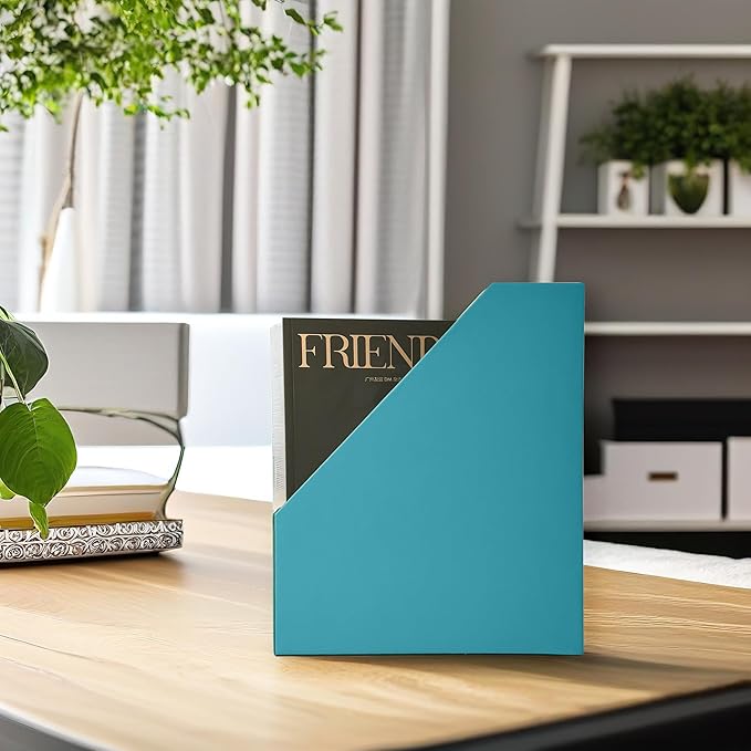 UnionBasic Magazine File Holder, Leatherette Desktop Document Organizer, Home Office Paper Holder File Storage Literature Sorter, Peacock Blue