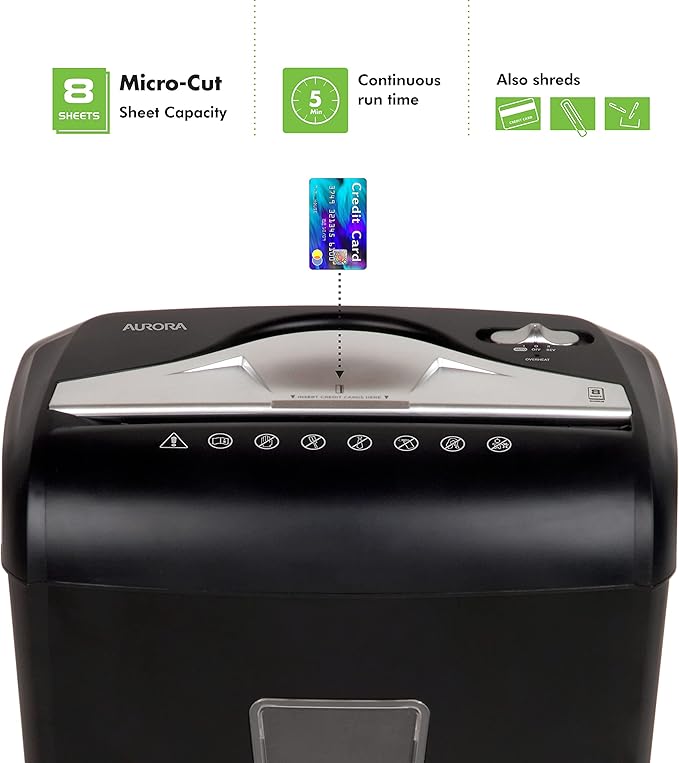 Aurora High-Security 8-Sheet Micro-Cut Paper Credit Card Shredder Black