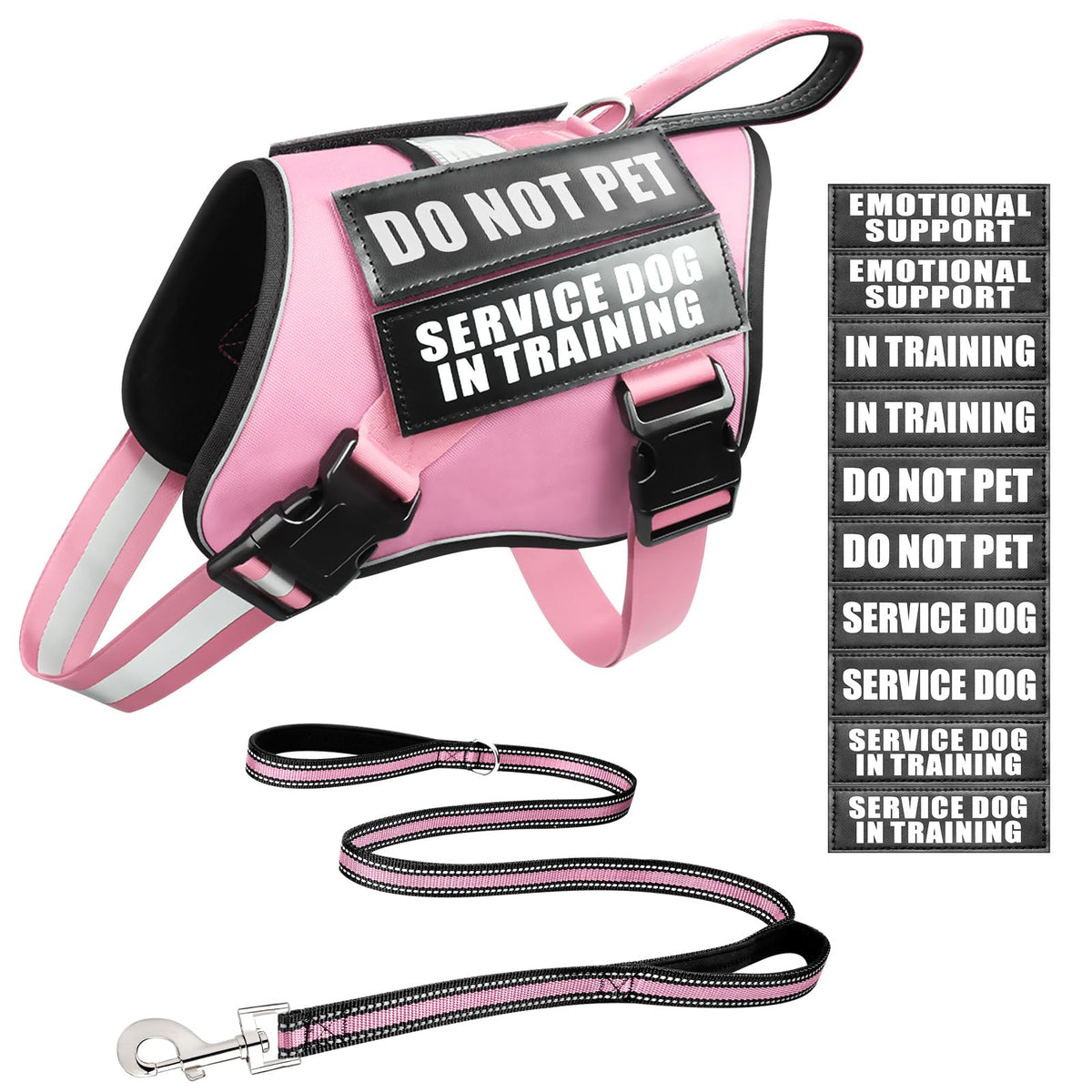 MOOGROU Service Dog Vest Harness and Leash Set+10 Patches,No Pull&Easy Walk Reflective Dog Harness with Soft Padded Handle for Training/Everyday,Fit Small/Medium/Large/Extra-Large Dogs(Pink S)