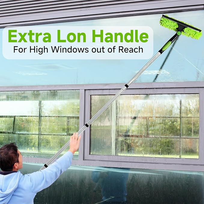 Professional 152" Window Squeegee Cleaner Tool with Extension Pole, 2-in-1 Squeegee for Window Cleaning Kit with Scrubber and Rotating Head, Window Cleaner for Car, Sliding Door, Shower Glass Door