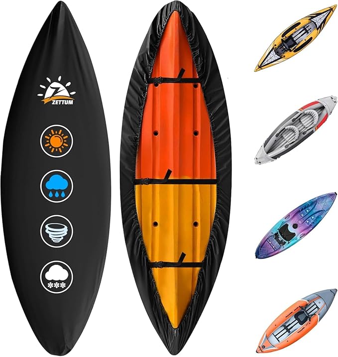 Zettum Kayak Cover 12 FT - 600D Canoe Cover for Outdoor Storage, Heavy Duty & Waterproof, Fade-Resistant Kayak Accessory for Canoe, Paddle Board, SUP, Boat, and Kayaks