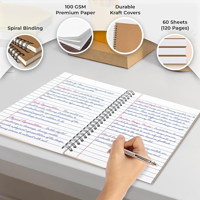 6 Pack Lined Journal Spiral Notebook College Ruled, 5.8 x 8.3, 120 Pages (60 Sheets), 100 GSM Thick Paper Notebooks, Daily Writing Journals for Men and Women, Work, Office & School Supplies