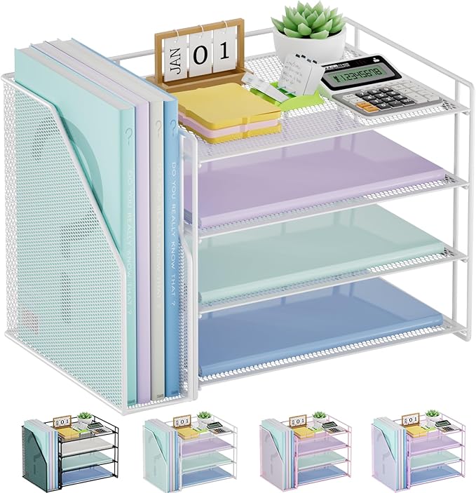 Marbrasse Desk Organizer and Accessories，4-Tier Paper Letter Tray Organizer with File Holder，Desk Accessories & Workspace Desktop Organizers for School Home Office Supplies (White)