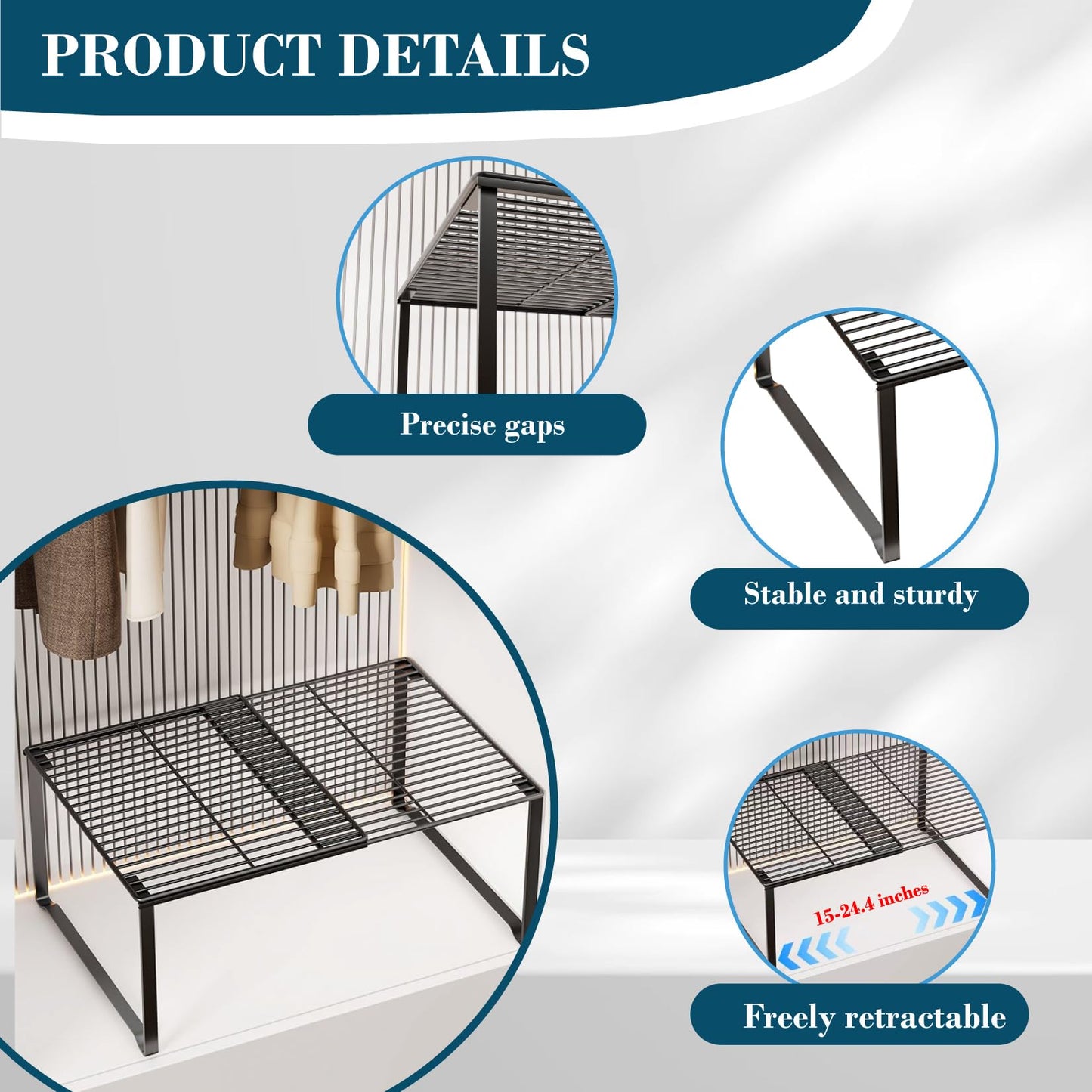 HGZBS Extendable Metal Wire Shelf Organizer - Adjustable 15-24.4in Length, Stackable Storage Rack for Kitchen/Pantry/Bathroom/Shoe Cabinet/Tool Closet (1,Black)
