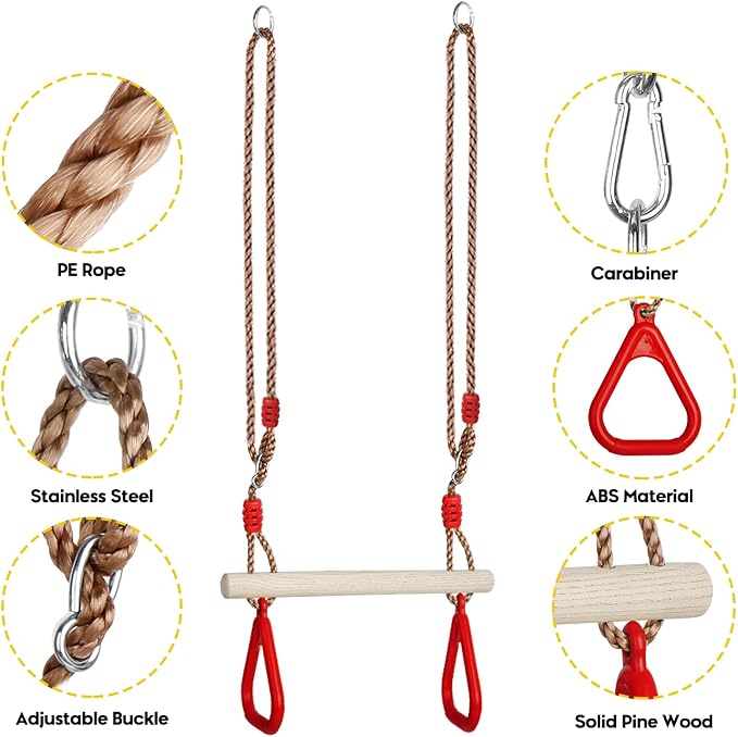 Trapeze Swing Bar with Rings, Wooden Trapeze Swing Bar with Plastic Gym Rings Adjustable Rope, Locking Straps, Outdoor Swing Set Playground Accessories for Kids (Red)