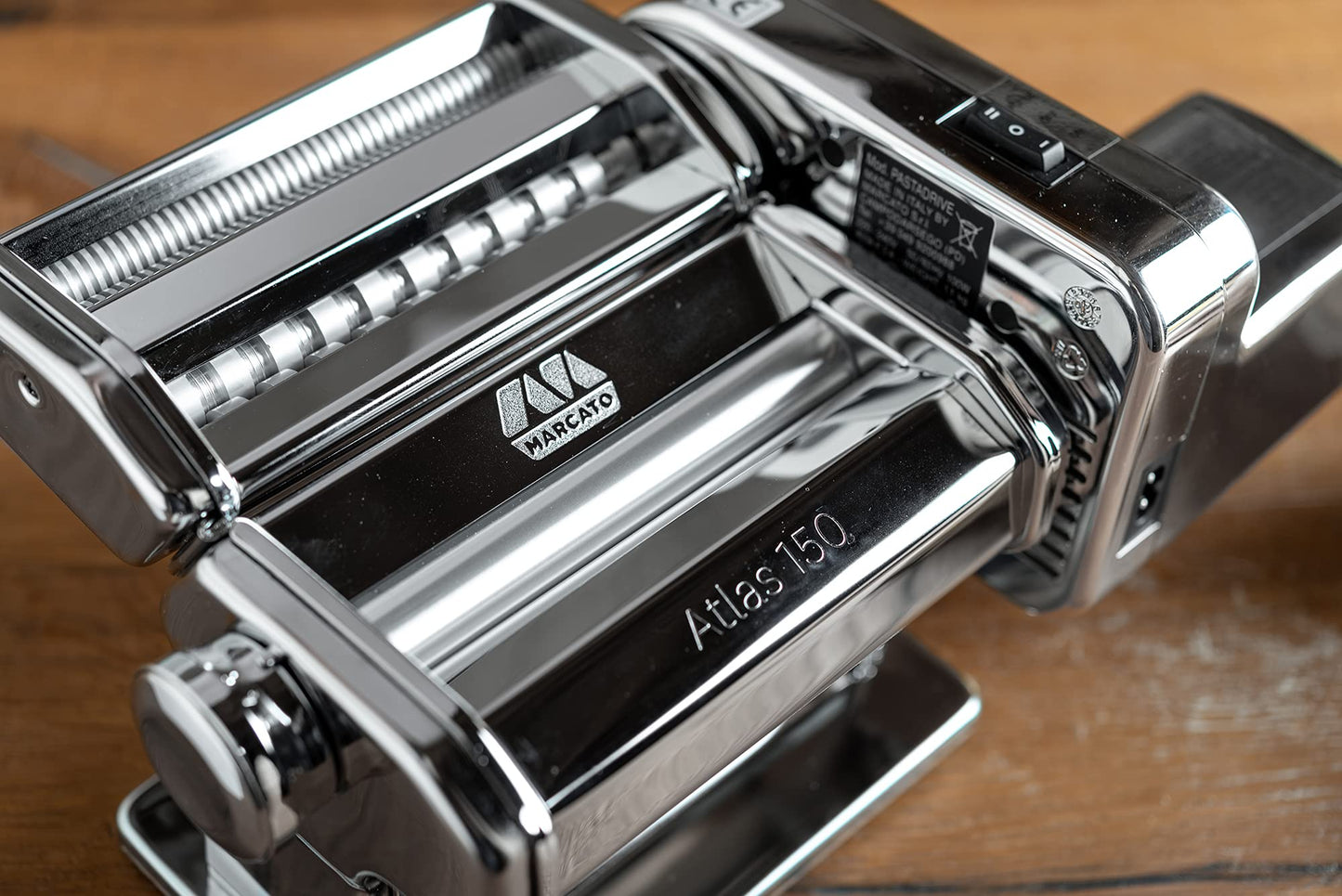 MARCATO Made in Italy Atlasmotor 110V Electric Pasta Machine, Chrome Steel. Set includes Atlas 150, handcrank, clamp, Pastadrive motor, and instruction manual