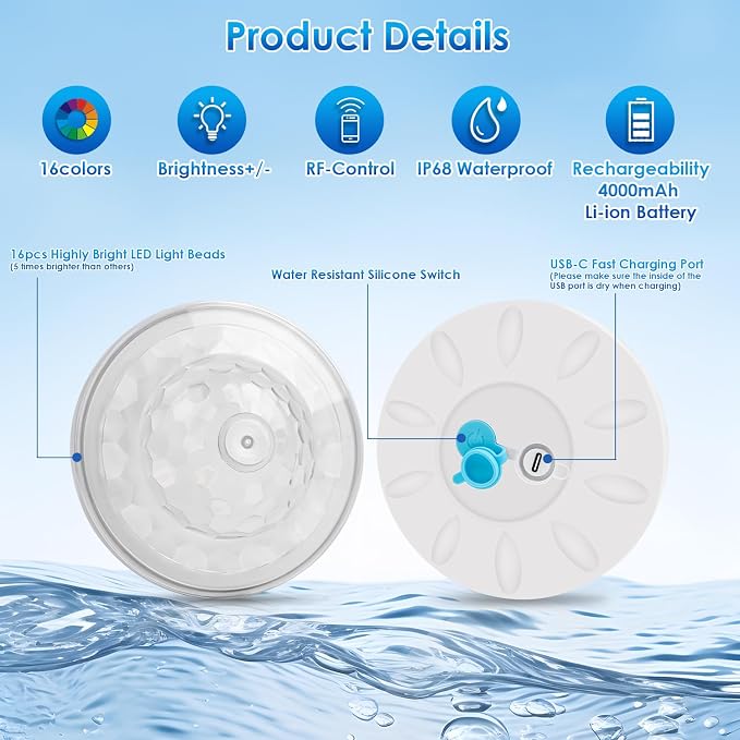 QOLNBY Floating Pool Lights(4 Pack), Pool Light with 6 Dynamic Lighting Effects, IP68 Waterproof Pool Lights that Float, Rechargeable RGB Upper and Lower Color Changing Lights for Hot Tub, Patio
